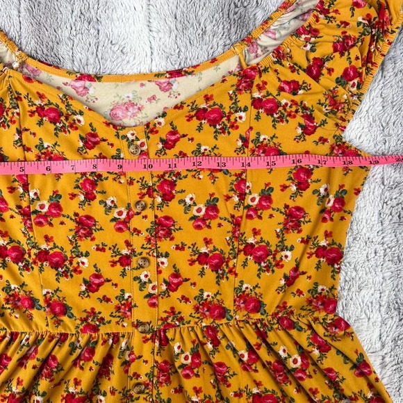 Floral Print Stretch A-Line Dress Puff Sleeve Yellow Size XXL - Picture 7 of 7